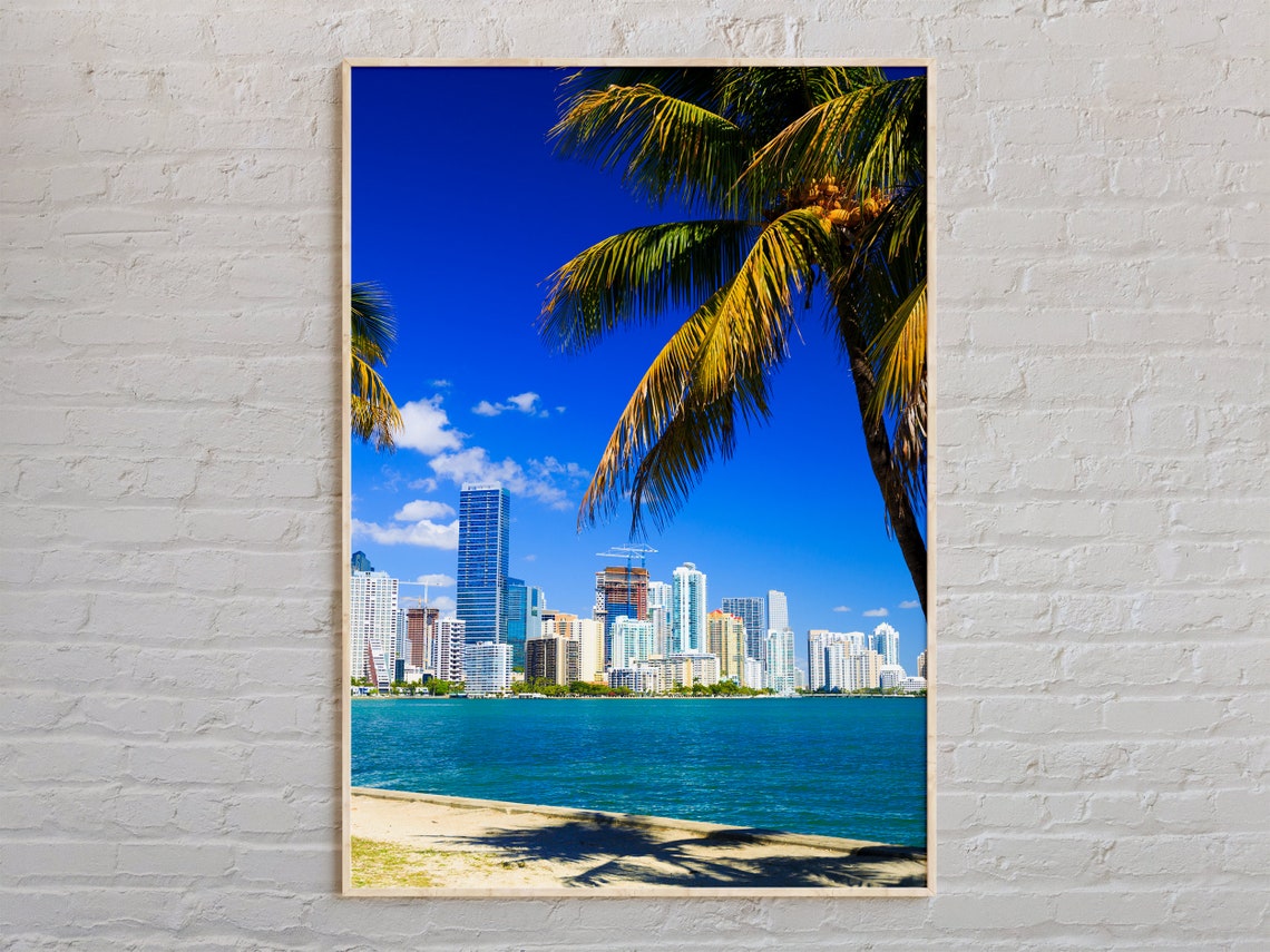 Miami Florida Skyline Palm Trees Beach Cityscape Photo Poster