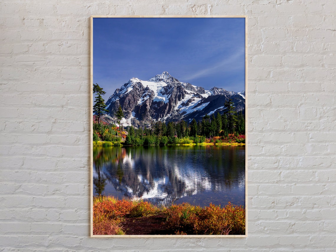 Washington Mount Shuksan Lake Reflection Autumn Snow Peak Poster