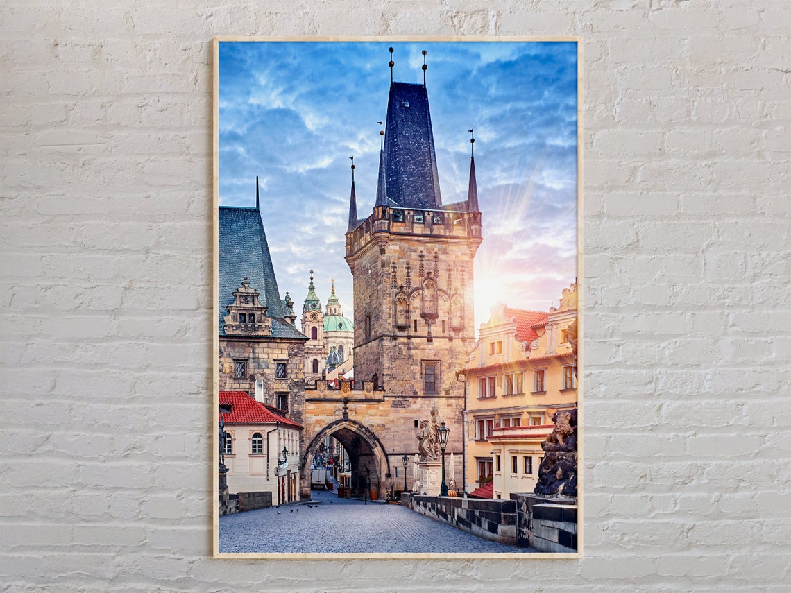 Real Photo Prague Czechia Charles Bridge Tower Sunrise Glow Poster