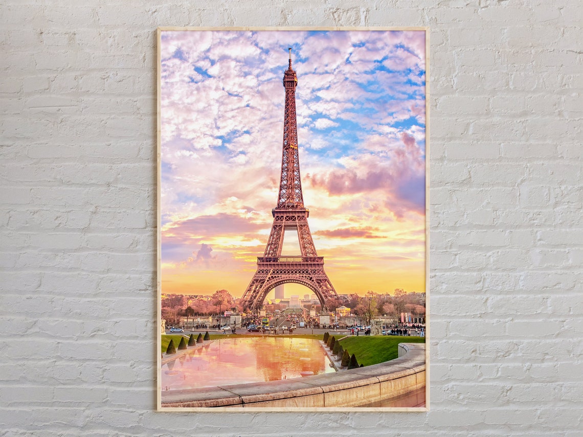 Paris France Eiffel Tower Sunset Pink Sky Reflecting Pool Poster