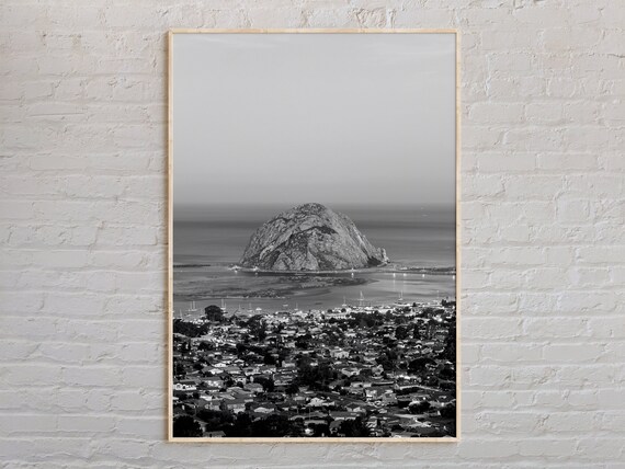 Morro Bay California Morro Rock Harbor Black And White Photo Poster