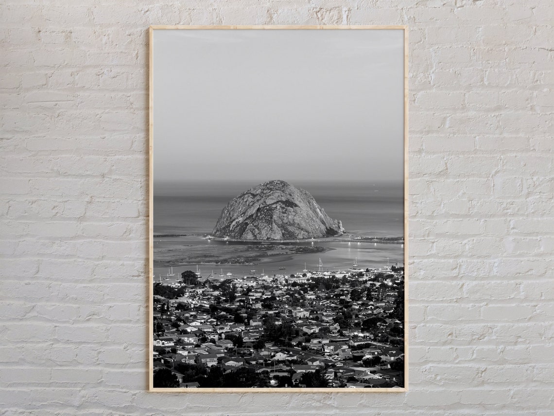 Morro Bay California Morro Rock Harbor Black And White Photo Poster