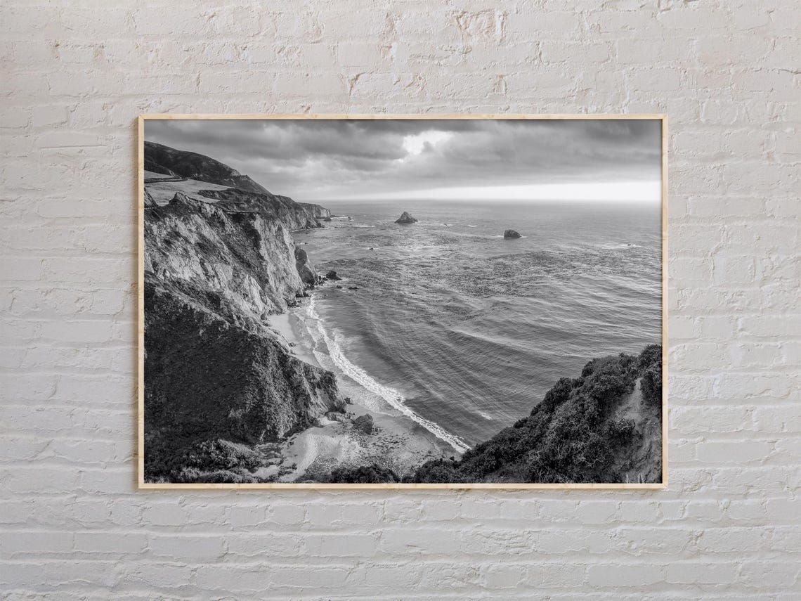 Big Sur Coastline Poster Black White Rugged Cliffs Surf California