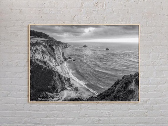 Big Sur Coastline Poster Black White Rugged Cliffs Surf California
