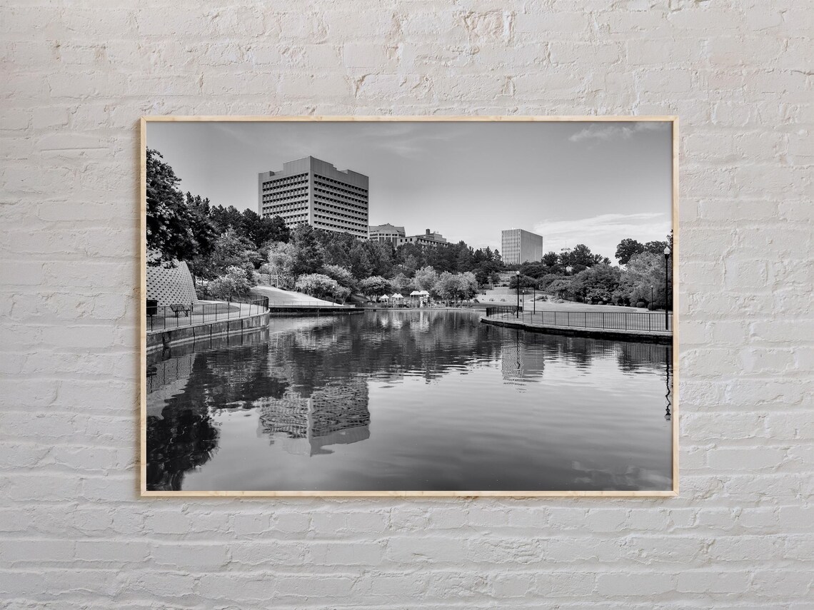 Columbia City Lake Reflections and Downtown Black and White Poster