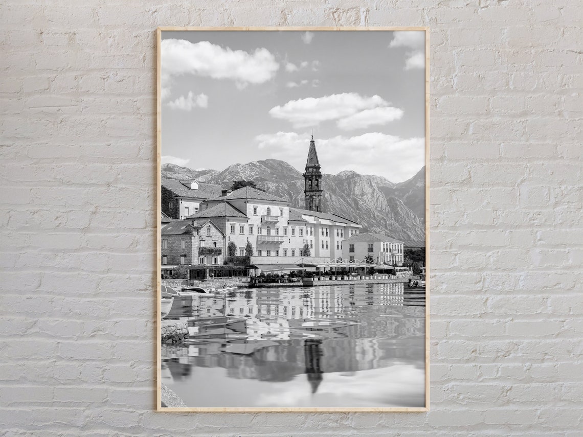 Kotor Montenegro Waterfront Black And White Photography Poster