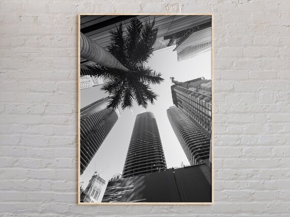 Miami Skyscrapers and Palm Black and White City Photo Poster