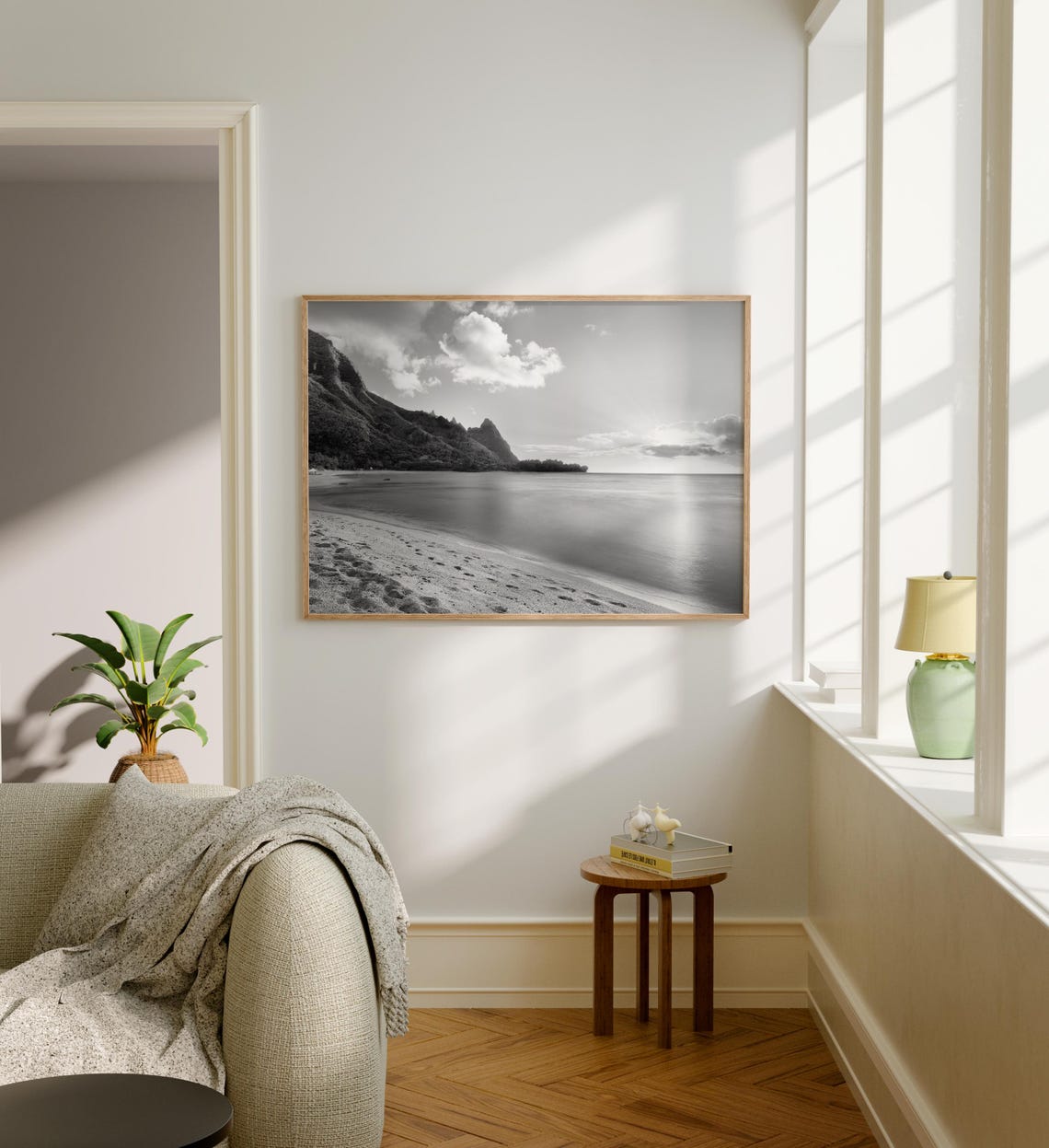 Hawaii Beach Sunset Footprints Mountain Black and White Poster - Image 5