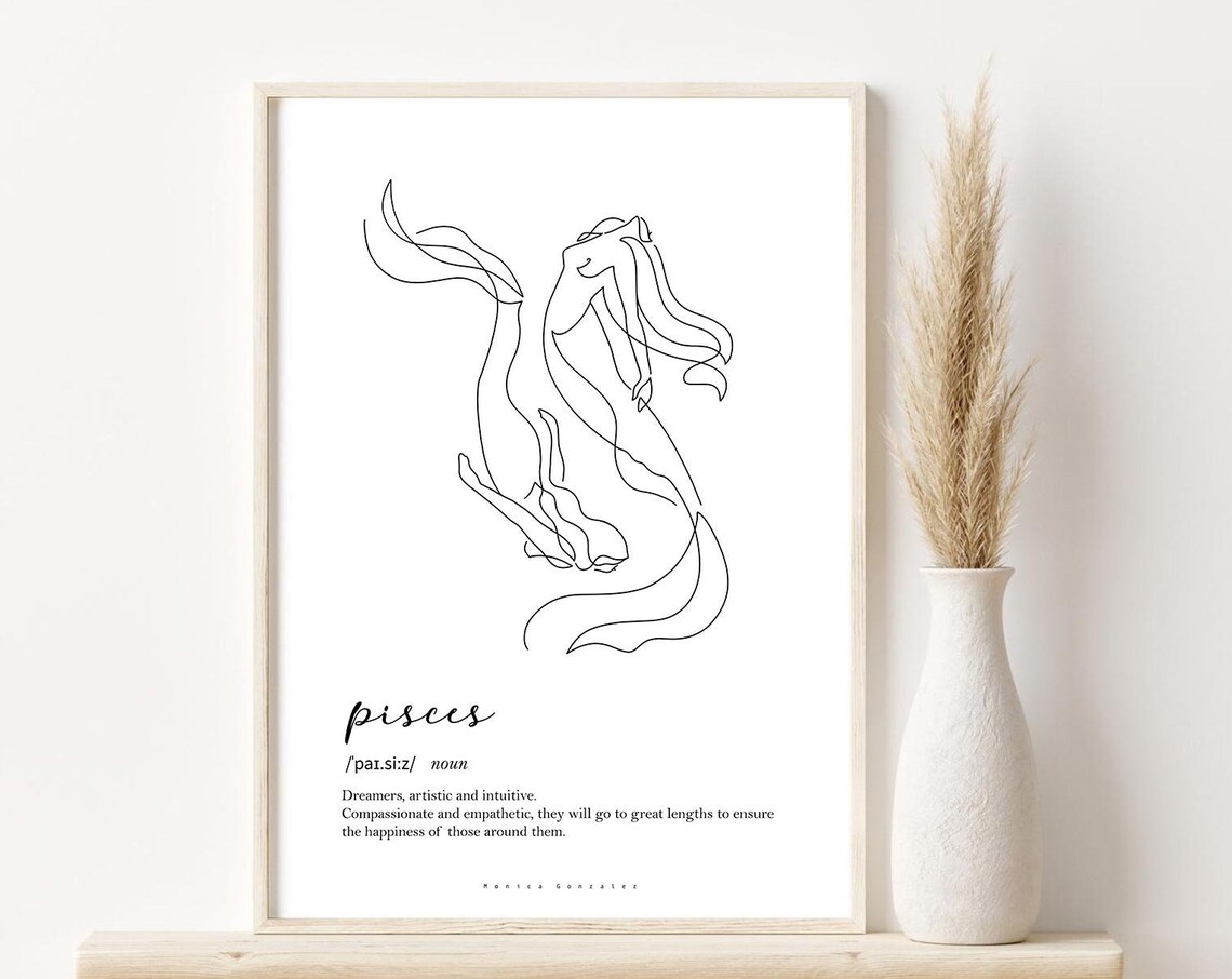 Pisces Zodiac Mermaid Line Art Astrology Definition Wall Art