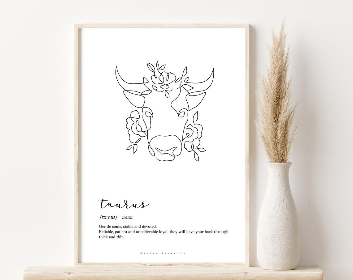Taurus Zodiac Bull Line Art Floral Astrology Definition Wall Art