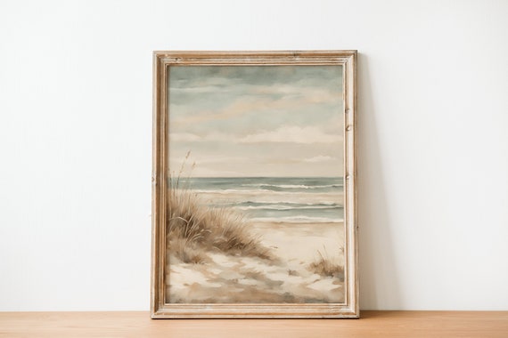 Vintage Beach Landscape Painting, Sea Wall Art Print