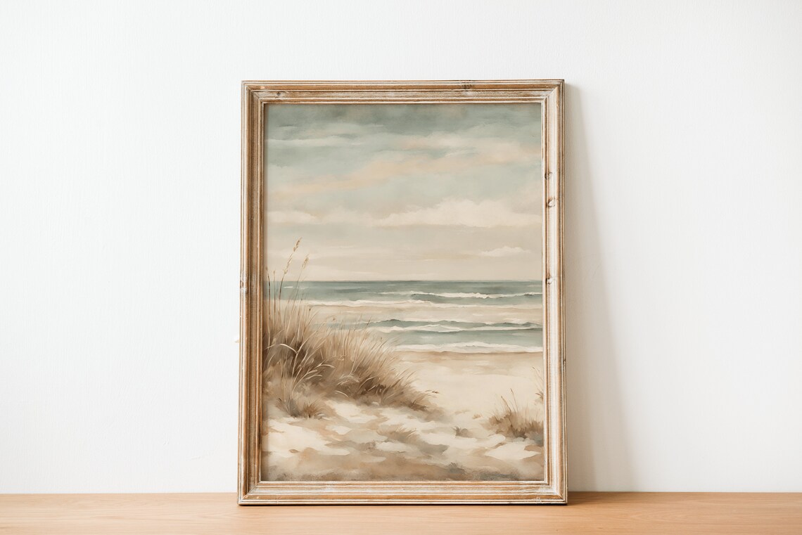 Vintage Beach Landscape Painting, Sea Wall Art Print
