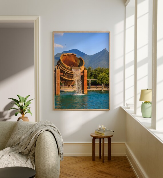 Monterrey Mexico Fountain Mountains Waterfall Real Photo Travel Poster