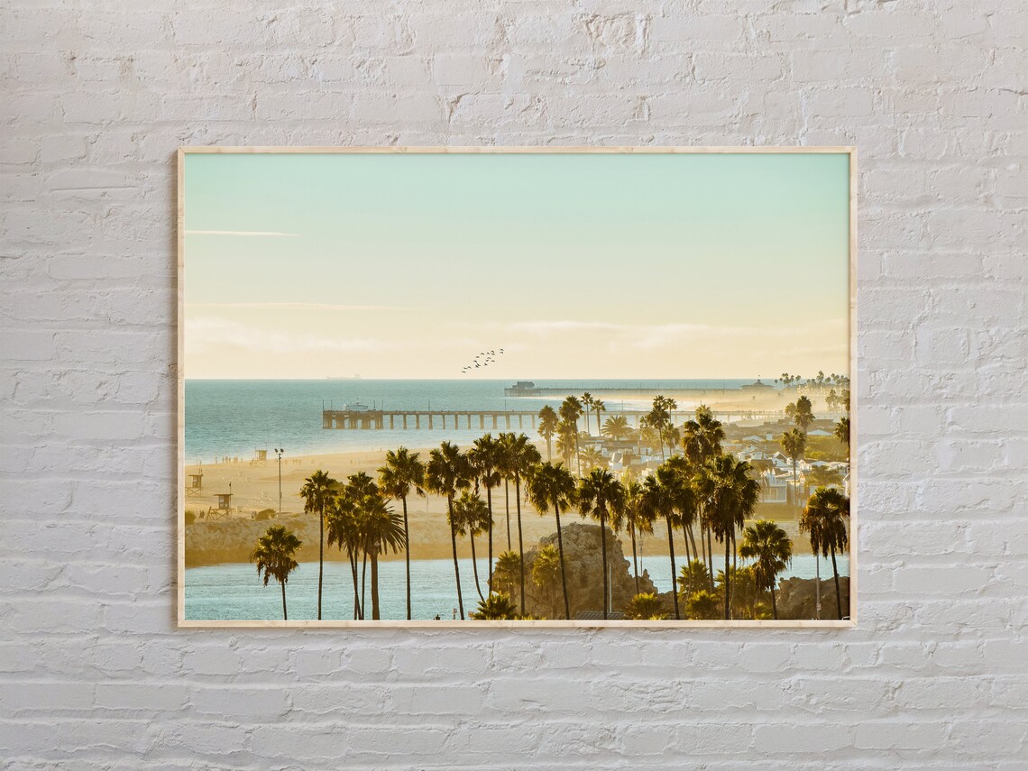 California Beach Palms and Pier Golden Sunset Real Photo Poster