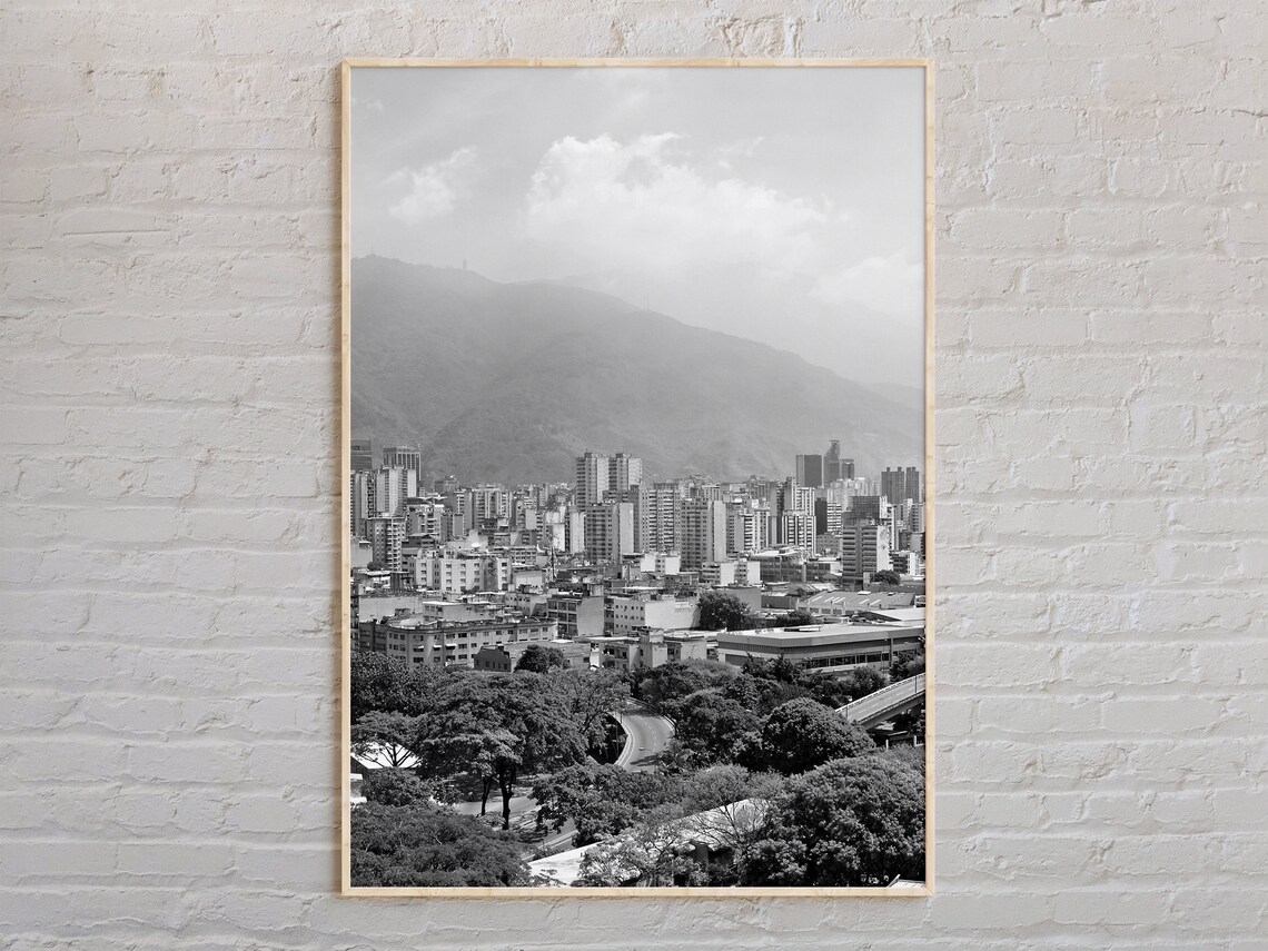 Caracas Venezuela City Mountains Black And White Photo Travel Poster