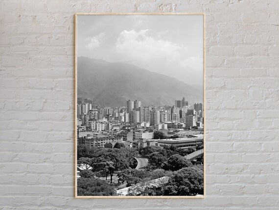 Caracas Venezuela City Mountains Black And White Photo Travel Poster