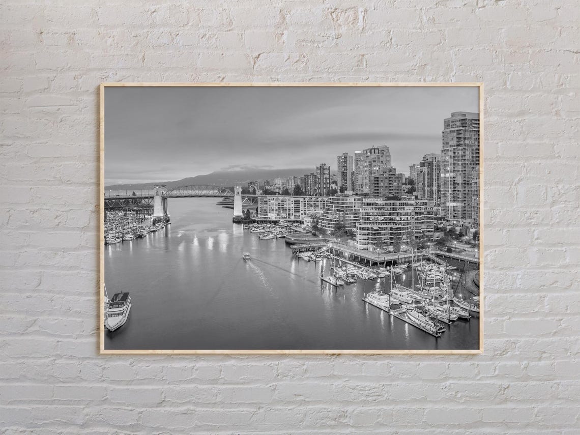 Vancouver False Creek Waterfront Black and White Skyline Marina Poster