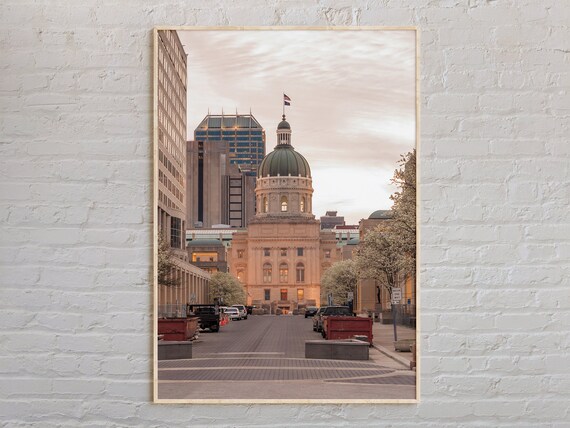 Indiana Statehouse Dawn Downtown Skyline Real Photo Wall Art