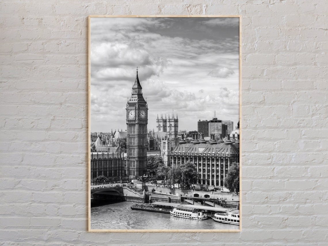 London Big Ben and Thames Black and White Landmark Photo Poster
