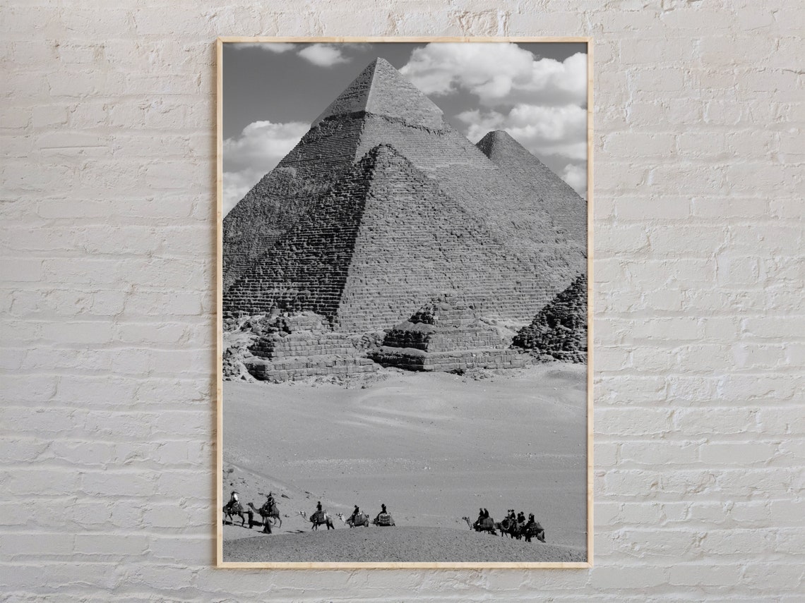 Pyramids Of Giza With Camel Caravan Black White Egypt Poster