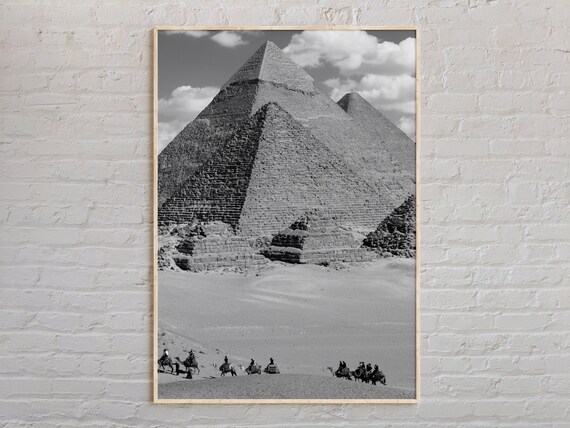 Pyramids Of Giza With Camel Caravan Black White Egypt Poster