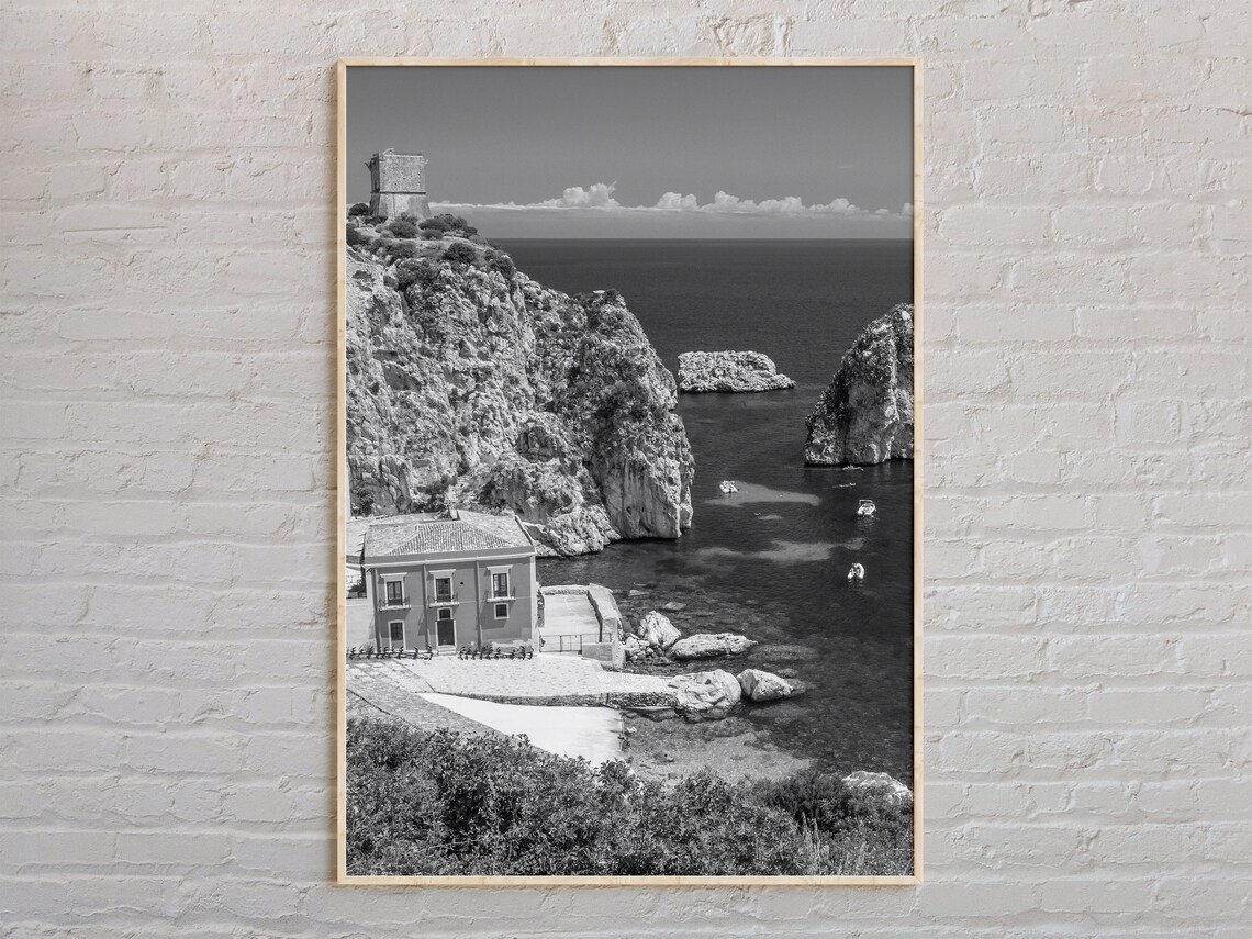 Sicily Italy Rocky Cove Watchtower Poster Black And White Coast Photo