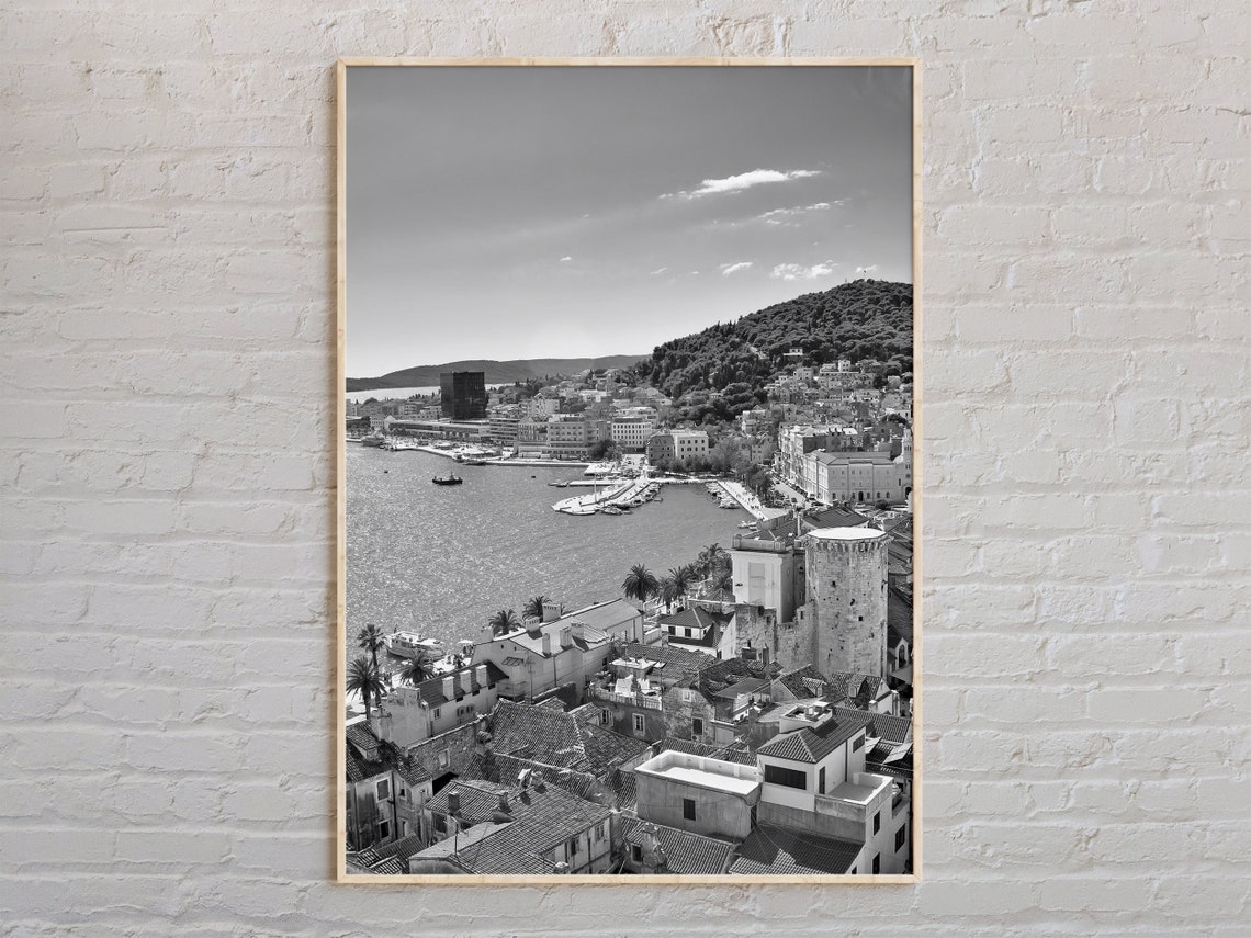 Black And White Split Croatia Harbor Old Town Photo Art Print