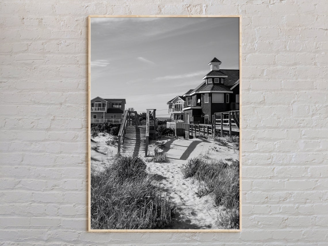 The Hamptons Beach Houses Boardwalk Black and White Photo Poster