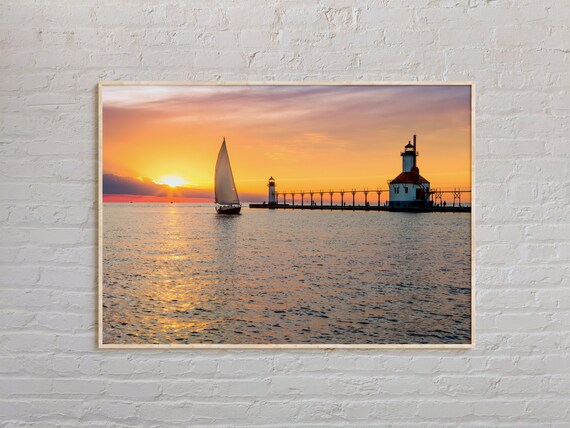 Lake Michigan Sunset Sailboat by Lighthouse Pier Photo Poster