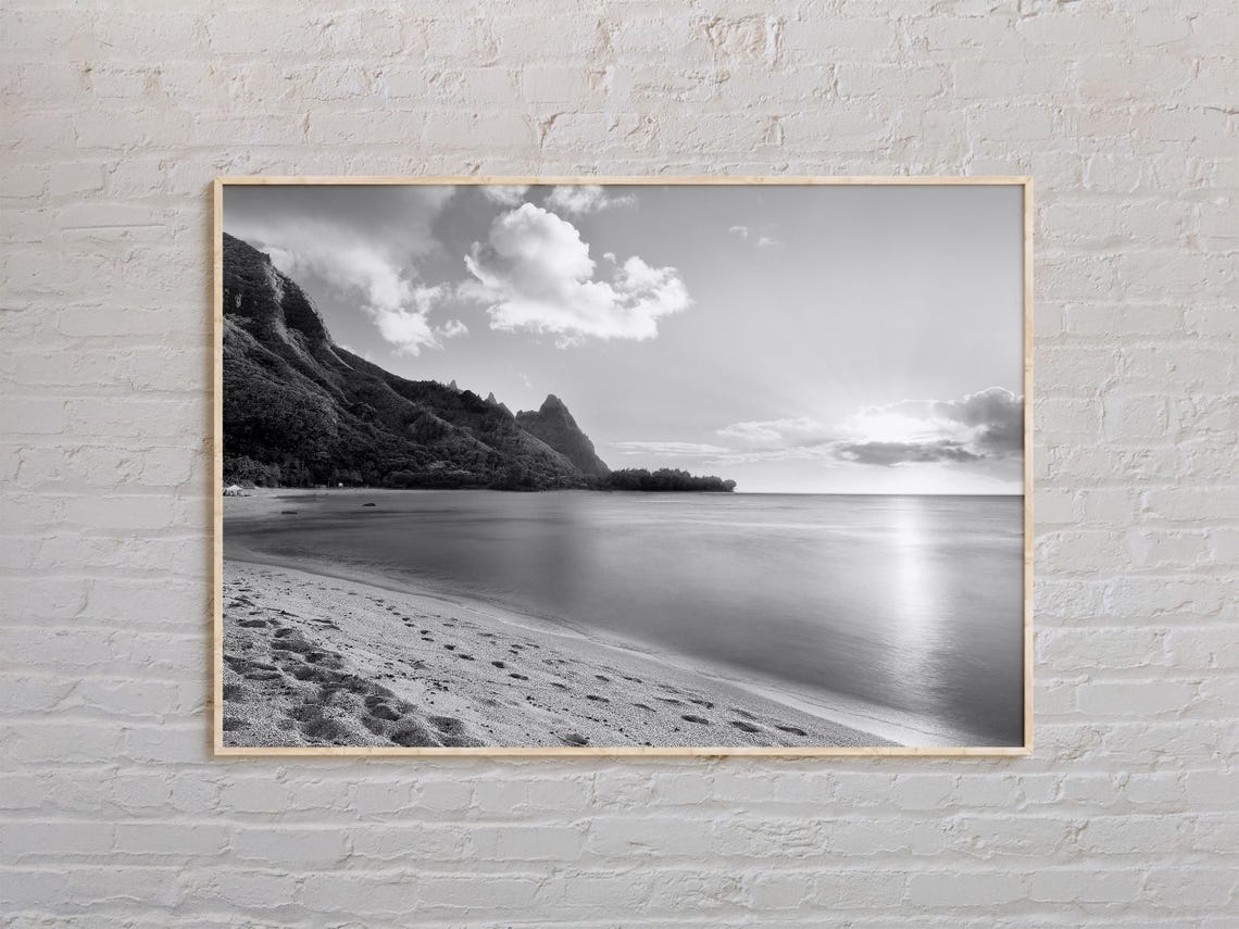 Hawaii Beach Sunset Footprints Mountain Black and White Poster