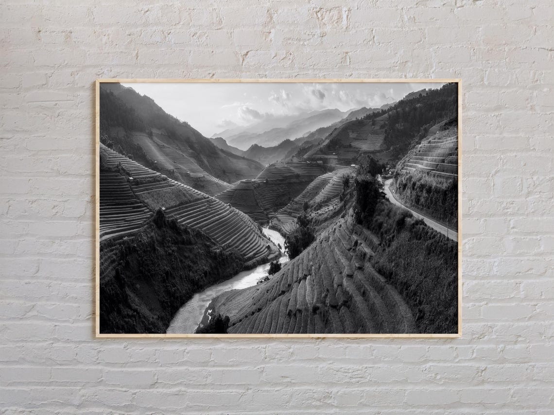 Vietnam Terraced Rice Fields Black and White Mountain Valley Poster