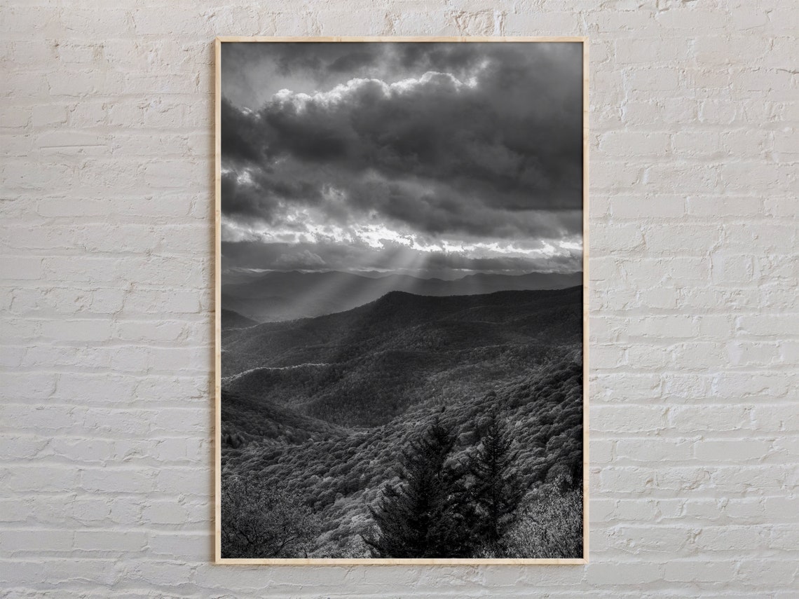 Blue Ridge Mountains Sun Rays Breaking Black and White Photo Poster