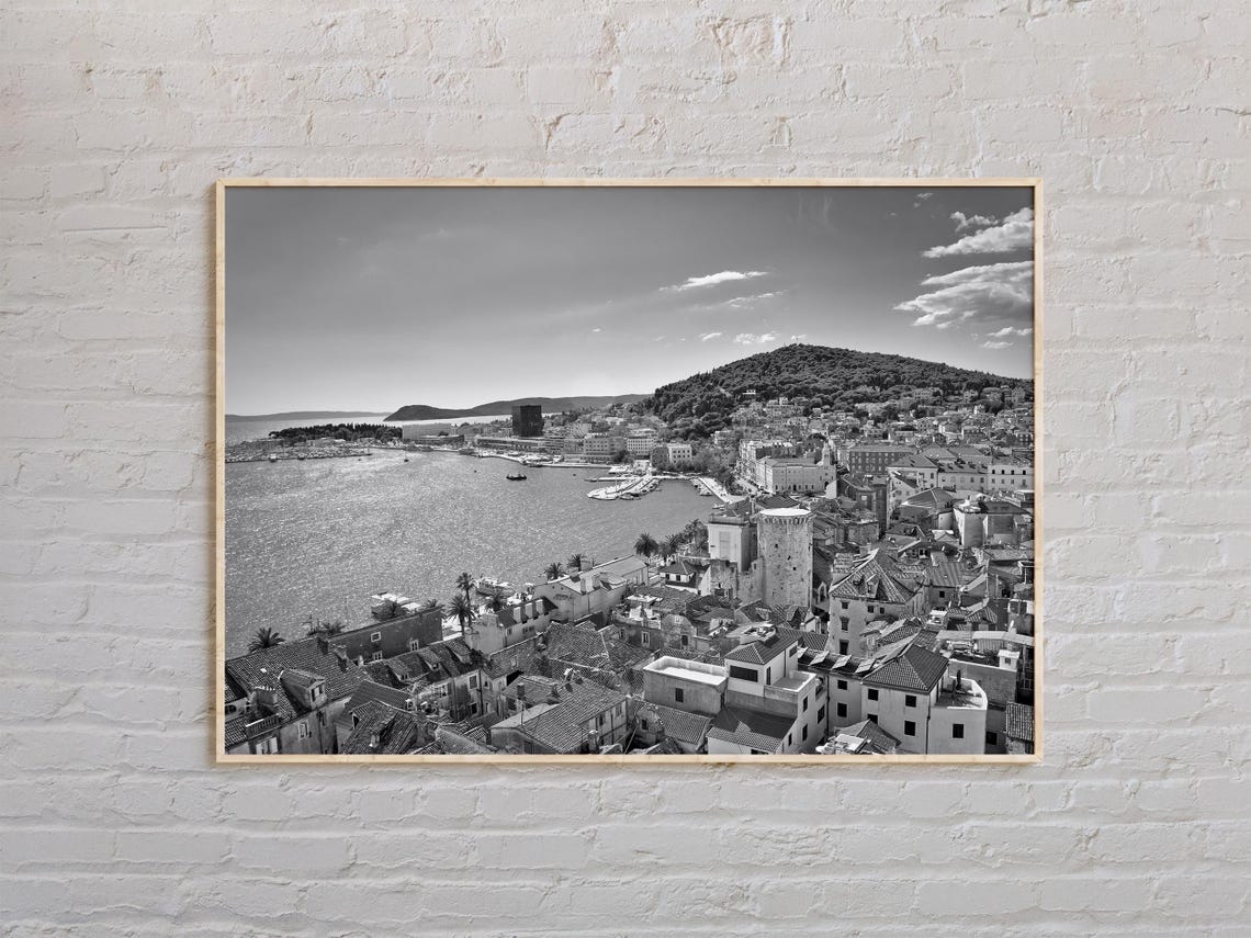 Split Old Town Harbor and Rooftops Black and White Aerial Poster