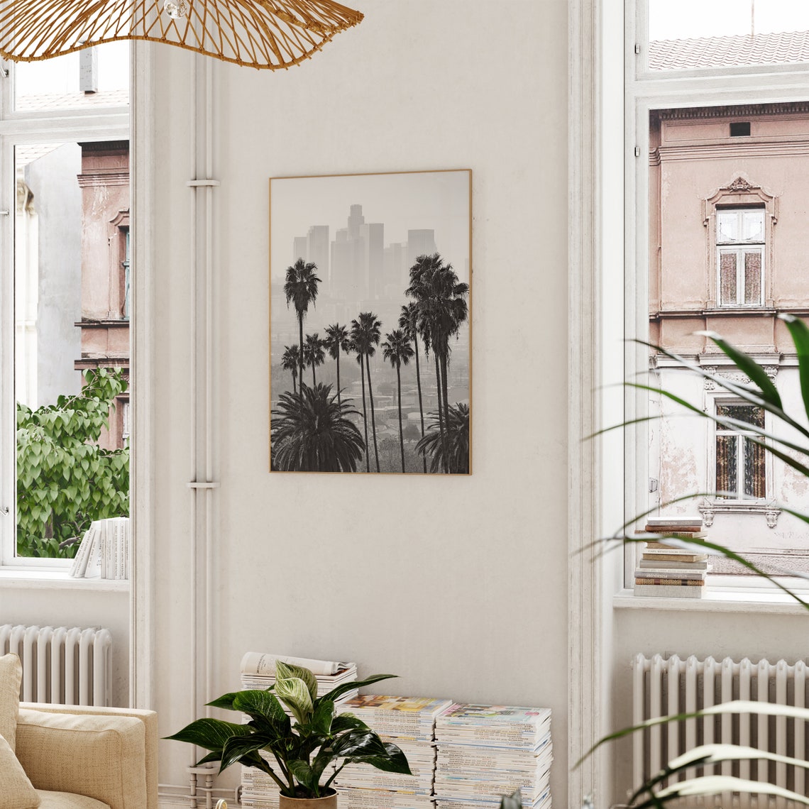 Los Angeles Skyline behind Palm Trees Black and White Poster - Image 3