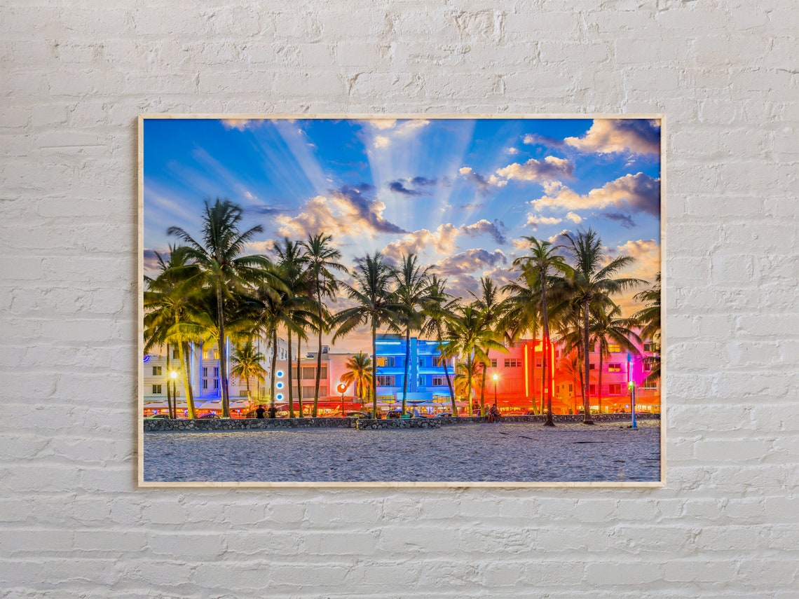 Miami Beach Ocean Drive Art Deco Neon Sunset Palm Trees Poster