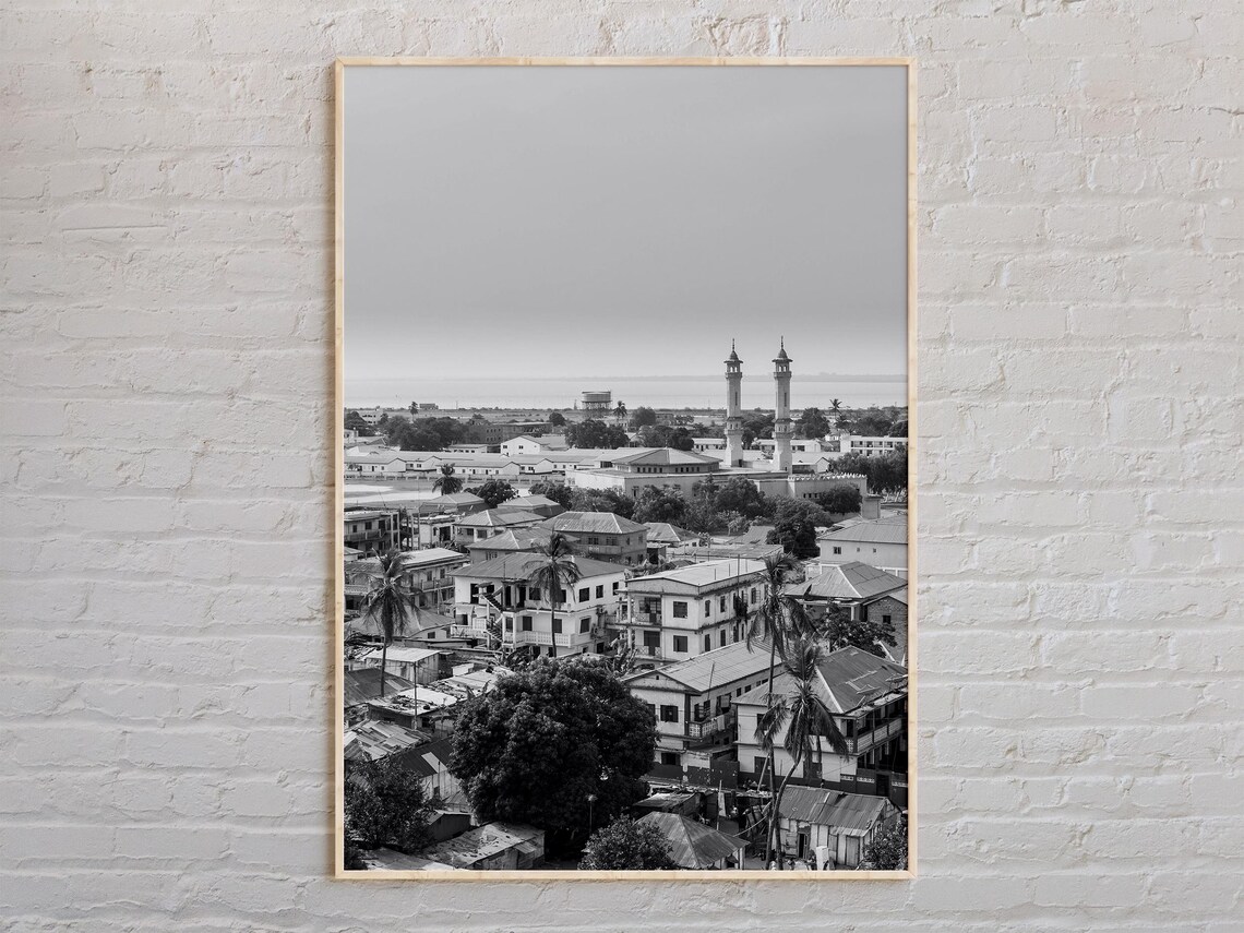 Gambia City Skyline Mosque Minarets Black White Travel Poster