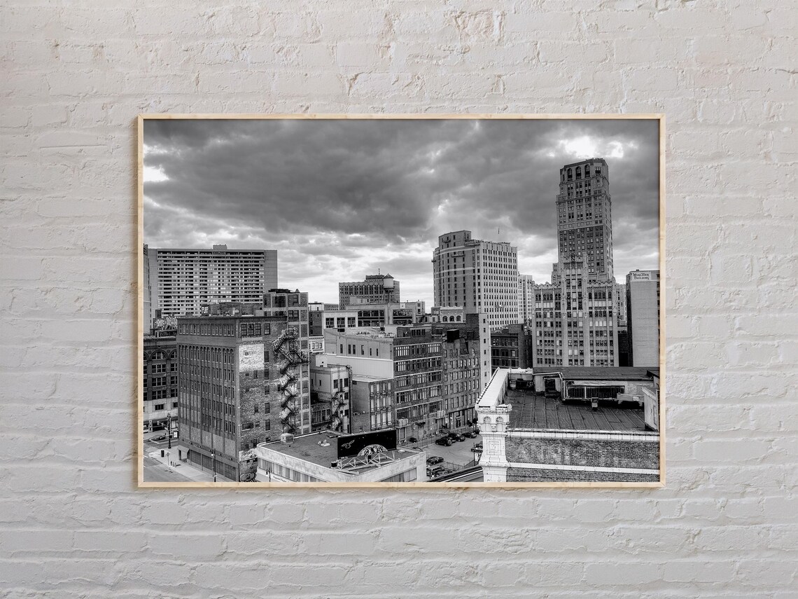 Black And White Detroit Skyline Downtown Michigan City Photography Poster