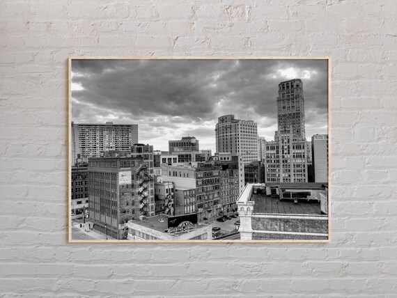 Black And White Detroit Skyline Downtown Michigan City Photography Poster