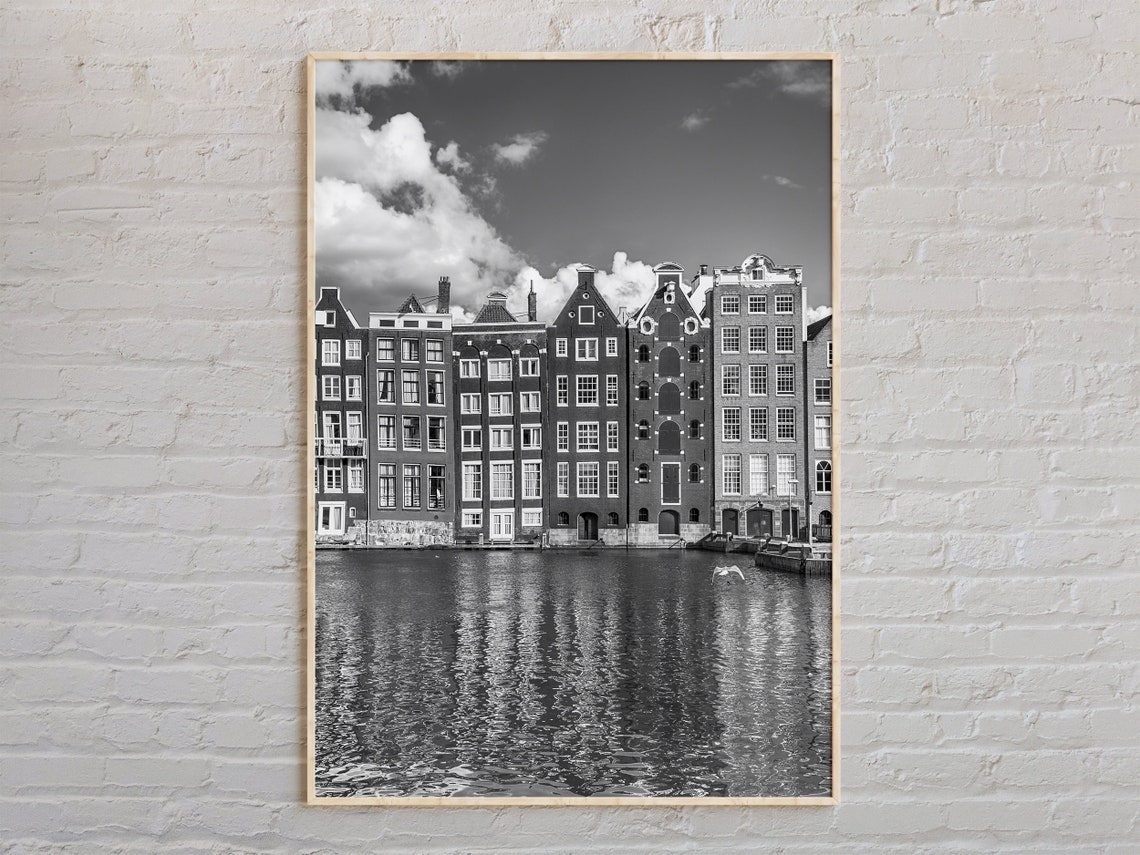 Amsterdam Canal Houses Reflected In Water Black And White Photo Poster