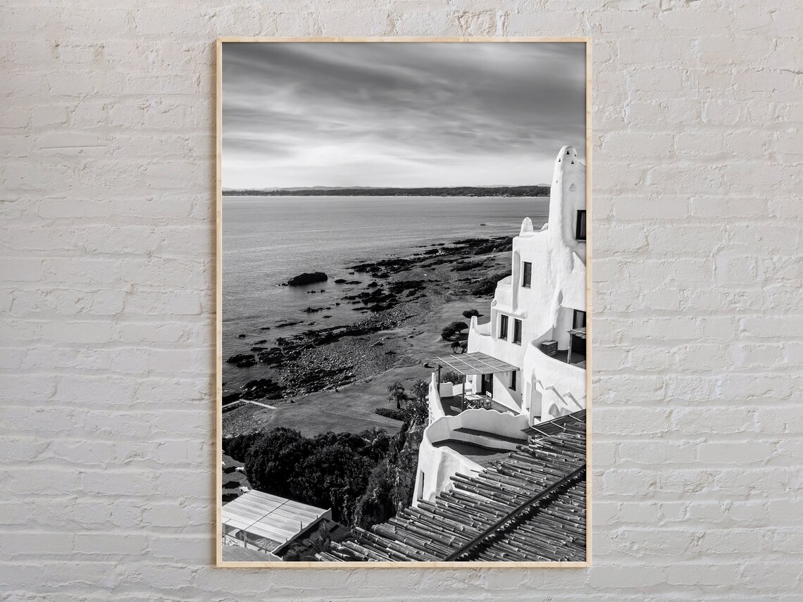 Uruguay Rocky Coastline White House Black White Photo Poster