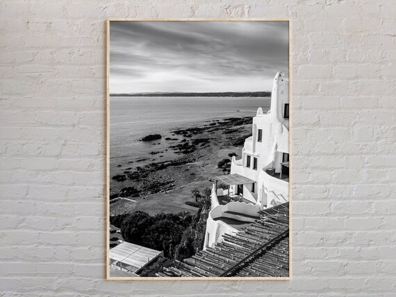 Uruguay Rocky Coastline White House Black White Photo Poster