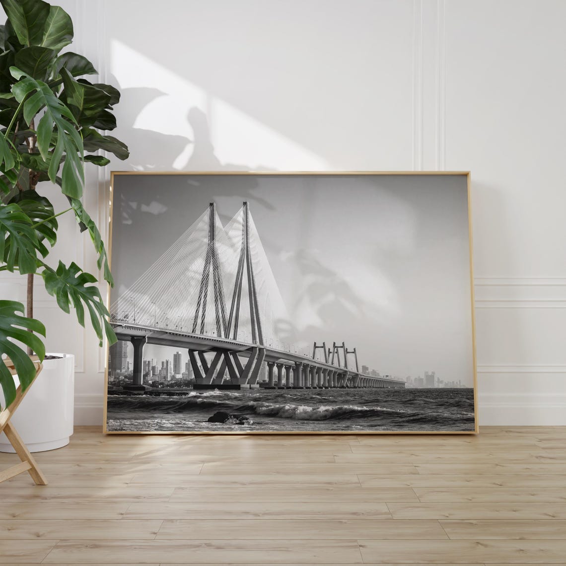 Mumbai Bandra Worli Sea Link Black and White Bridge Skyline Poster - Image 2