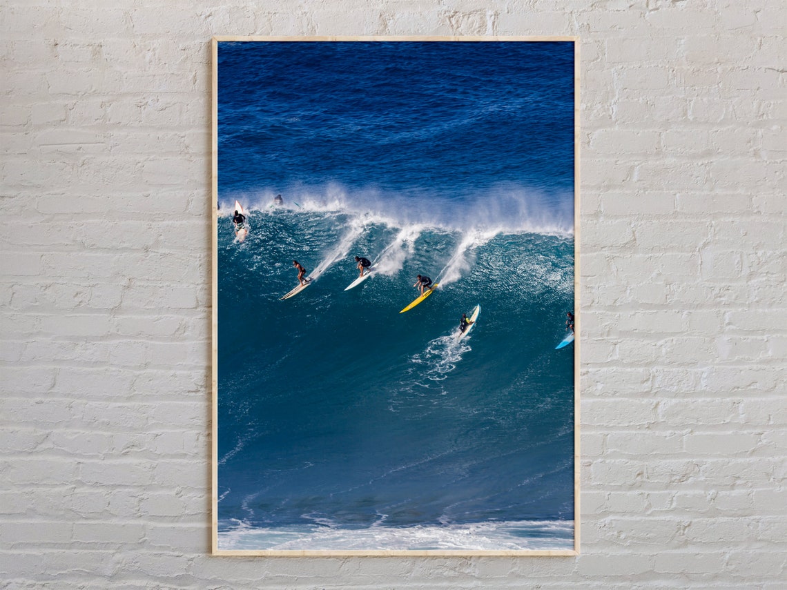 Hawaii Big Wave Surfers Deep Blue Ocean Action Photography Poster