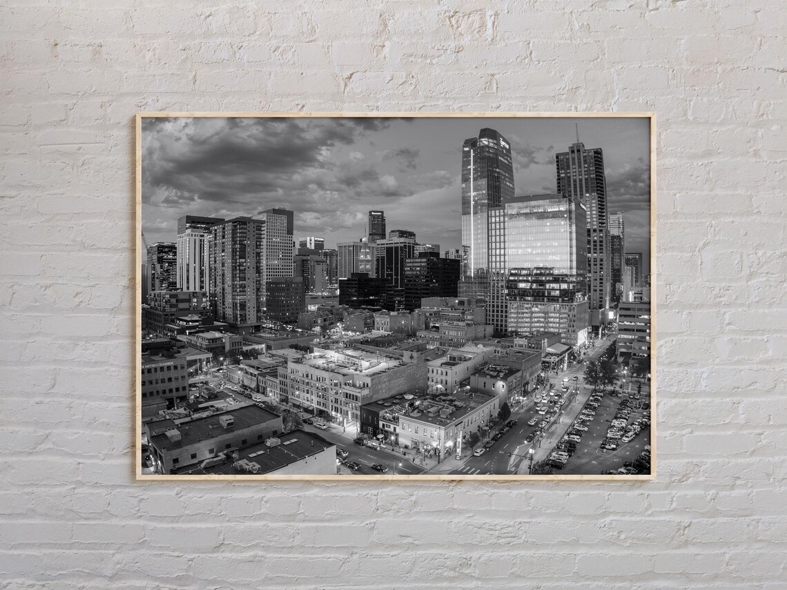 Black And White Denver Skyline At Dusk Colorado City Photography Poster
