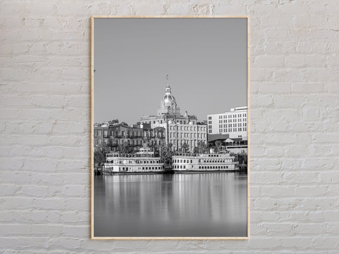 Savannah Georgia Riverfront Black And White Photo Historic Travel Poster