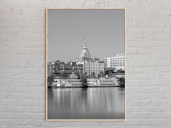 Savannah Georgia Riverfront Black And White Photo Historic Travel Poster