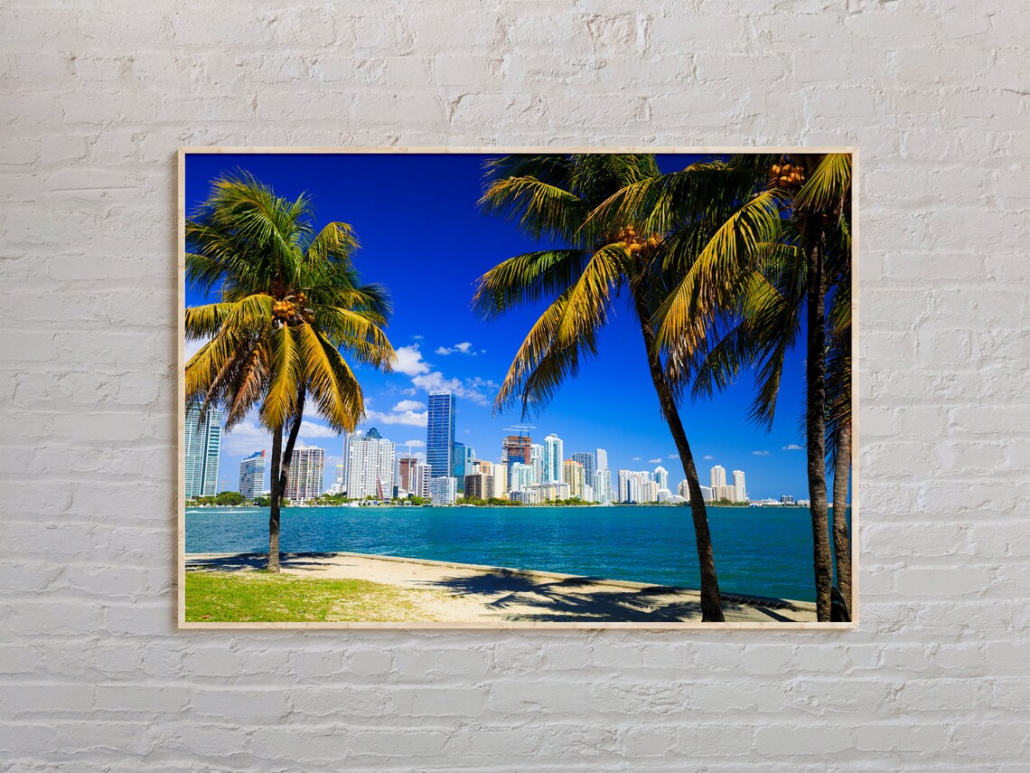 Miami Florida Skyline Palm Trees Biscayne Bay Waterfront View Poster