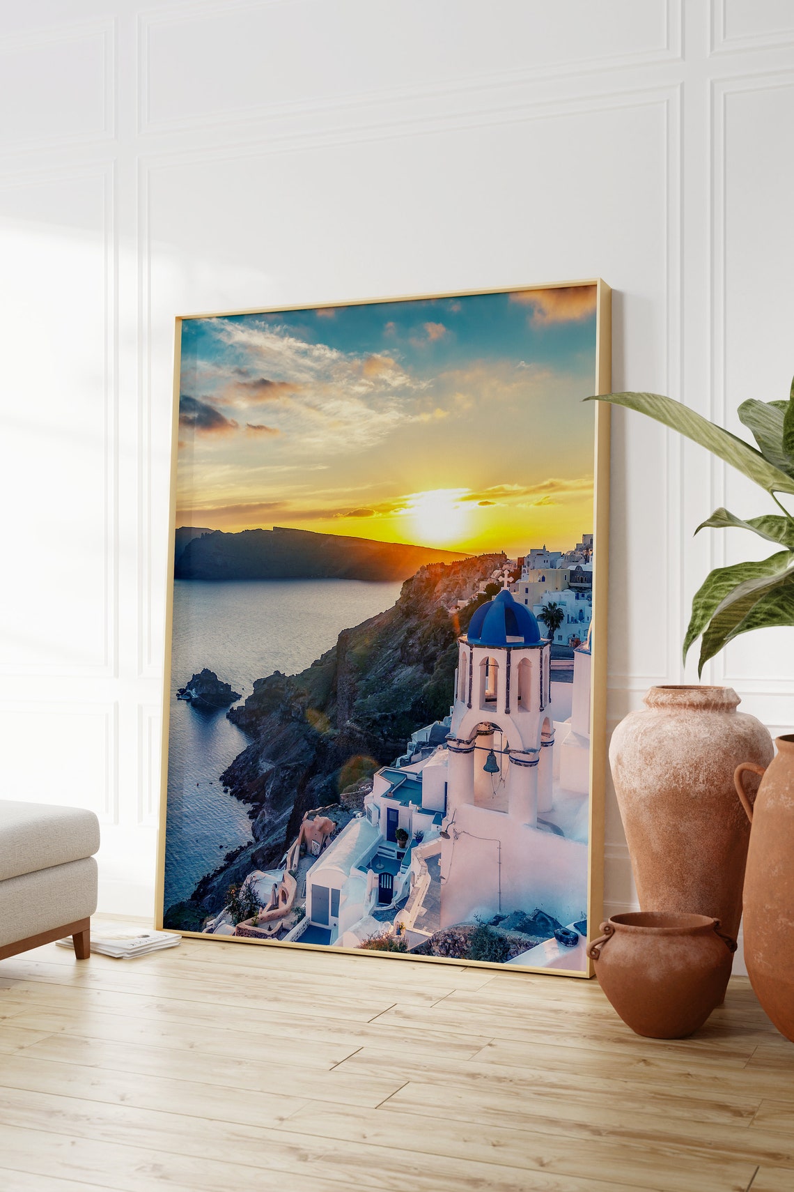 Santorini Greece Blue Dome Church Sunset over the Caldera Poster - Image 2
