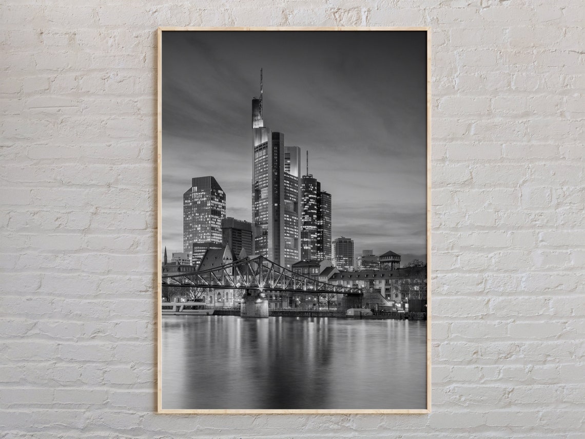 Frankfurt Skyline Night Black And White Cityscape Photo Poster
