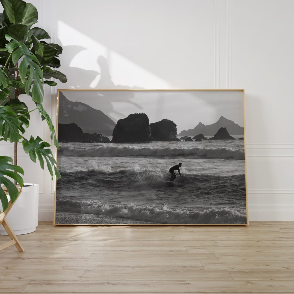Pacifica California Surfer Wave Black White Surf Landscape Poster - Image 2